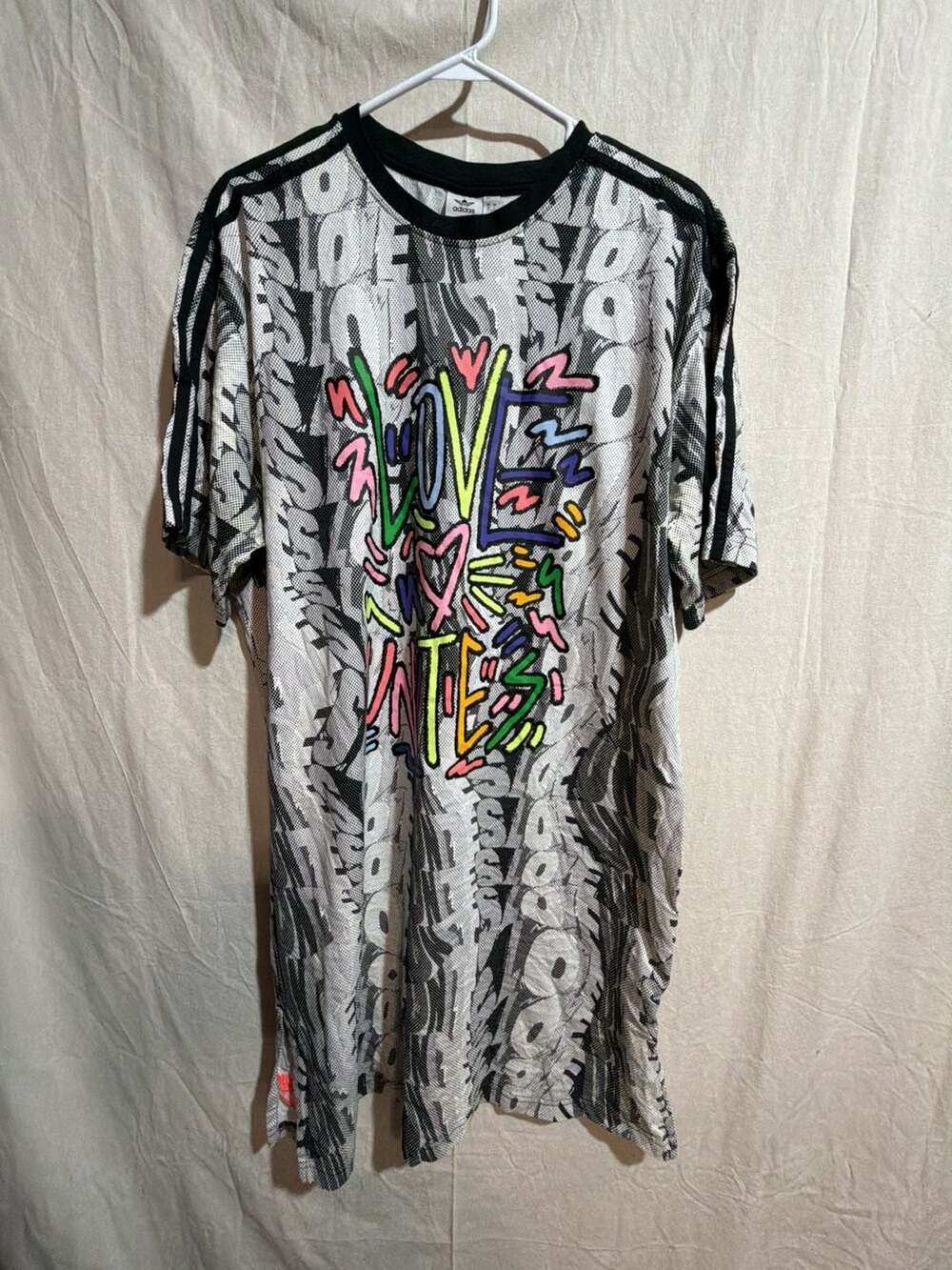 Adidas Originals Love Unites Doodle T-Shirt Dress Black White Graphic Tee